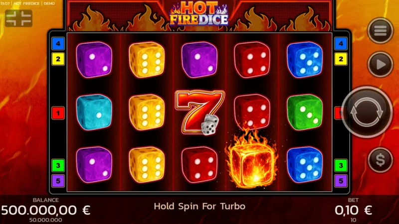 Hot Fire Dice – spelskärm med brinnande sjuor